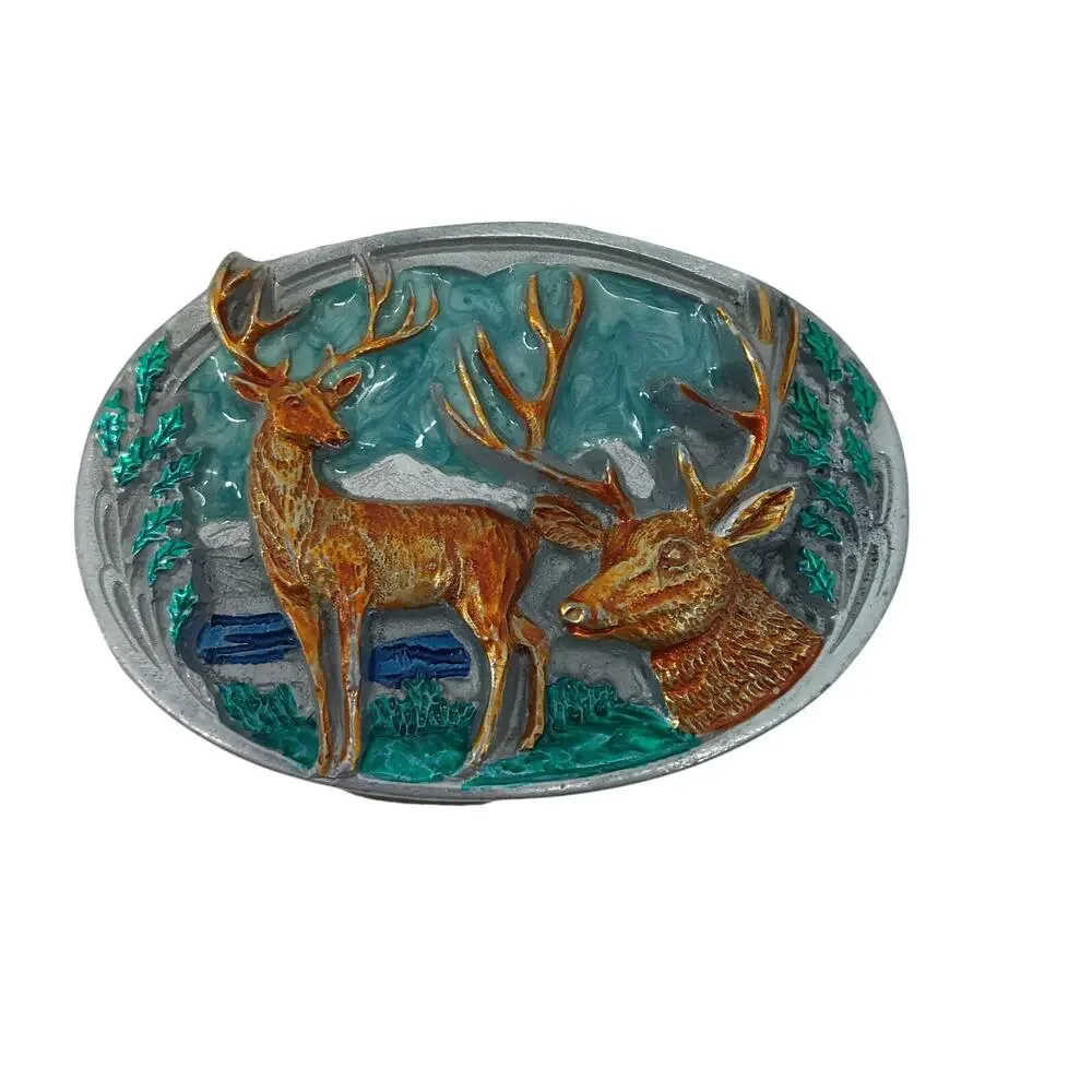 Vtg Hunting Dress Belt Buckle Buck Deer Stag Hunter Mountain
